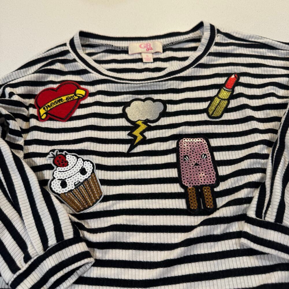 GB Girls Size 5 Black/White Striped Blouse with Designs - Picture 3 of 5